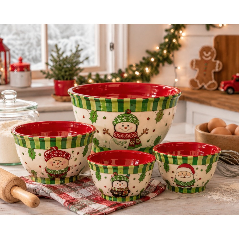 Temptations by Tara Winter Whimsy Nesting Bowls Set 4 Christmas Mixing Serving
